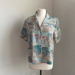 Vintage Bon Worth Floral Paisley Button Down Womens Sz Medium Tan Blue